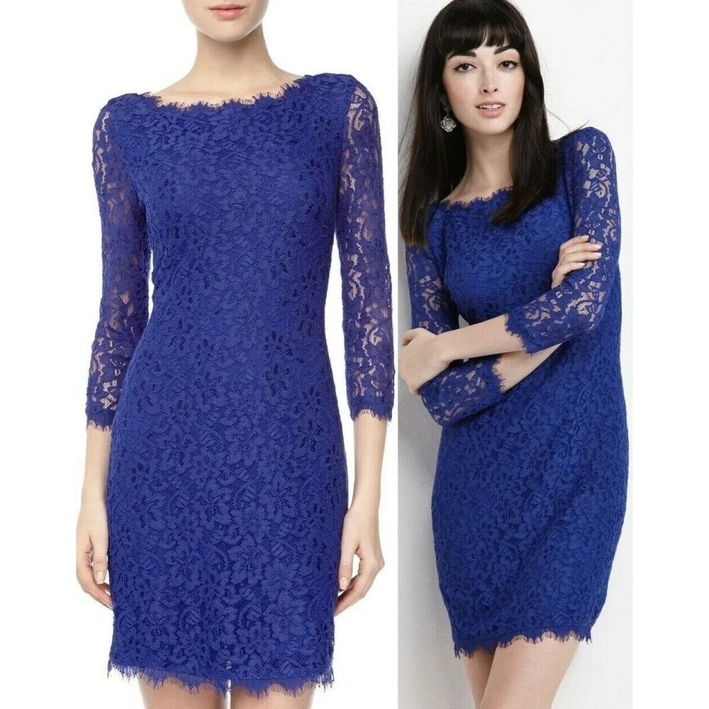 Diane Von Furstenberg Dress 4 DVF Navy Blue Lace Zarita 3/4 Sleeve Mini Back Zip